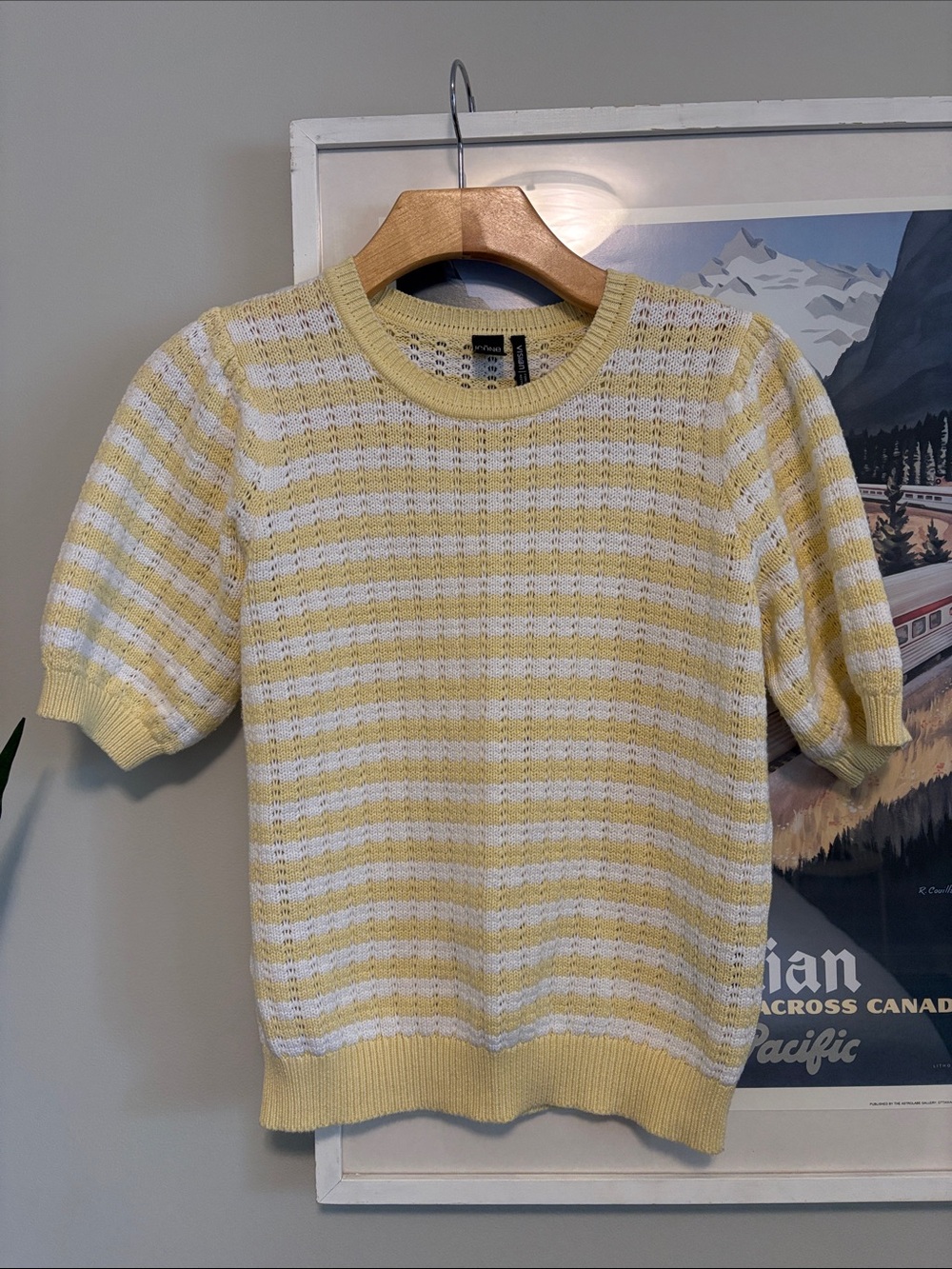 ICON Yellow & White Striped Crewneck Short Puff-Sleeve Sweater